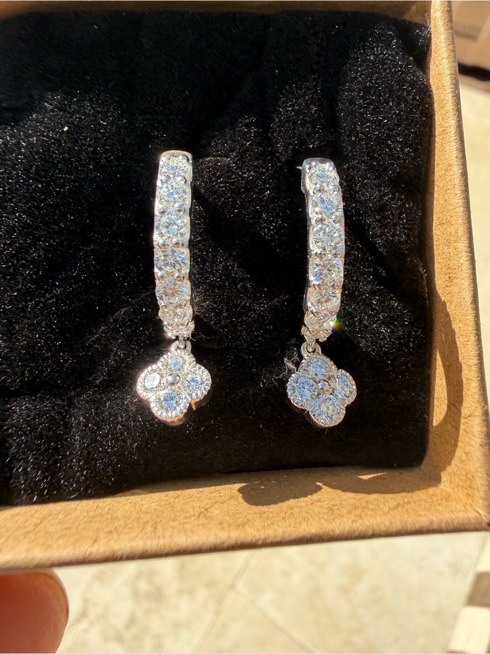 Diamond Hoop Earrings 2.12 ctw Natural Diamonds with Clover Drop - Set in Silver